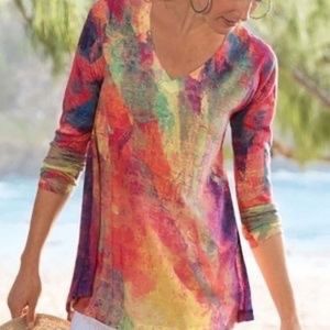 Soft Surroundings Lightweight Spring Sweater Top Marbled Colors V neck